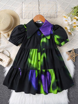 Hopscotch - Girls Black Colorblock Puff Sleeve Shirt Style Casual Dress