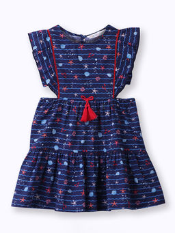 Hopscotch - Girls Navy Blue All-Over Print Ruffle Sleeve Casual Dress