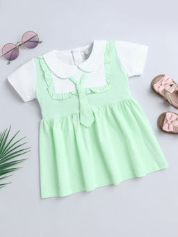Hopscotch - Girls Green & White Round Neck Casual Dress with Tie Applique