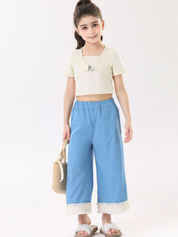 Hopscotch - Girls Off White & Blue Solid Top with Pant