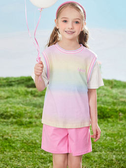 Hopscotch - Girls Pink Colorblock T-Shirt with Shorts