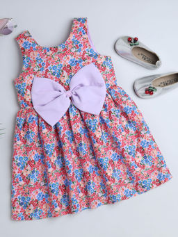 Hopscotch - Girls Multi-Color Sleeveless Floral Print Dress with Bow