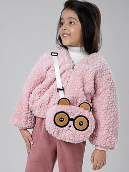 Hopscotch - Girls Pink Textured Jacket with Bag