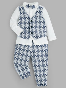 Hopscotch - Blue & White All-Over Print Shirt with Pant & Bow