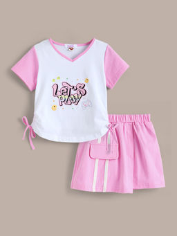 Hopscotch - Pink Text Print T-Shirt with Skirt