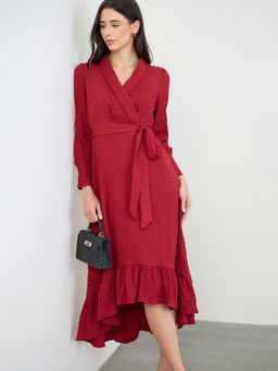 Styli - Womens Textured Tie-Up Wrap Midi Dress with Belt Burgundy