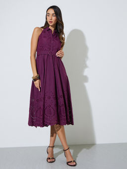 Styli - Womens Button-Front Fit and Flare Midi Dress Burgundy