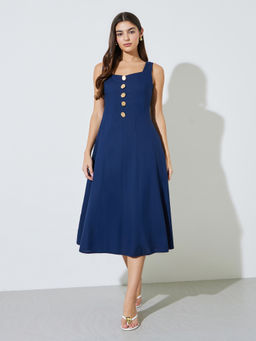 Styli - Womens Basic Solid Button-Front A-Line Midi Dress Navy Blue