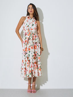 Styli - Womens Floral Print Button-Front A-Line Midi Dress with Belt White