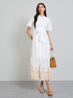 Styli - Womens Embroidered Button-Front A-Line Midi Dress with Belt White