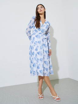 Styli - Womens Floral Print Tie-Up Wrap Midi Dress with Belt Blue
