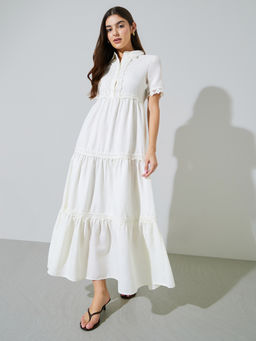 Styli - Womens Button-Front Tiered Maxi Dress Off White