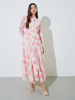 Styli - Womens Floral Print Button-Front Flared Maxi Dress Off White
