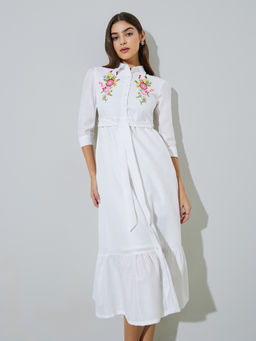 Styli - Womens Embroidered Button-Front A-Line Midi Dress with Belt White