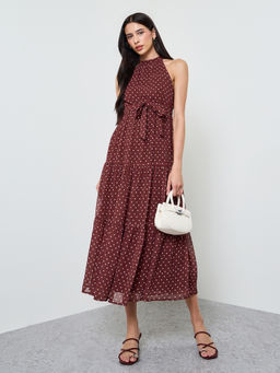 Styli - Womens Polka Dots Tie-Up Flared Maxi Dress with Belt Brown