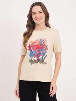 Madame - Beige Graphic Print Cotton T-Shirt