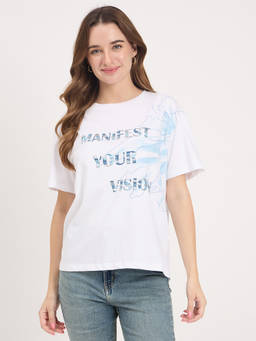 Madame - White Typography Print Cotton Round Neck T-Shirt