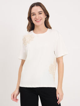 Madame - Off White Embroidered Cotton Round Neck T-Shirt