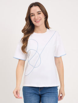 Madame - White Embroidered Cotton Round Neck T-Shirt