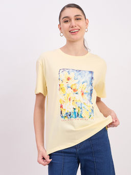 Madame - Yellow Graphic Print Cotton T-Shirt