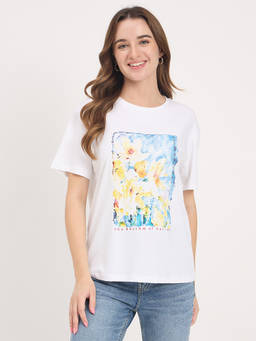 Madame - White Graphic Print Cotton Round Neck T-Shirt