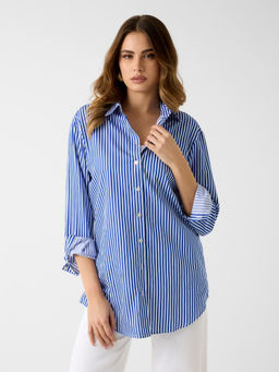 Guess - Women Pure Cotton Striped Spread Collar Tecla Pipeline Shirt Blue