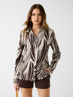 Guess - Women Viscose Printed Spread Collar Bastienne Shirt Brown