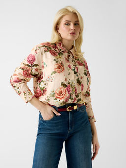 Guess - Women Flax Linen Printed Spread Collar Cadie Shirt Multi-Color