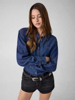 Guess - Solid Spread Collar Comfort Fit Denim Shirt Blue
