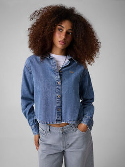 Guess - Solid Spread Collar Comfort Fit Denim Shirt Blue