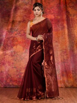 CHARUKRITI - Maroon Cotton Handwoven Soft Saree with Copper Zari and Unstitched Blouse