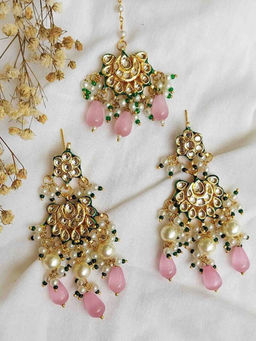 Amreli Jaipur - Pink Kundan Earrings with Maangtika