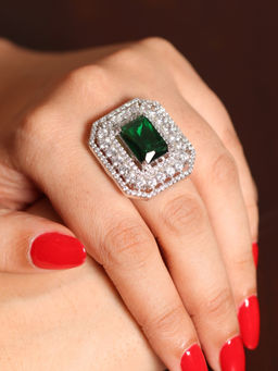 Amreli Jaipur - Silver Plated Green American Diamond Ring