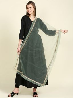 Dupatta Bazaar - Womens Pastel Green Net Dupatta with Ruffle and Gold Lace
