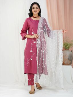 Zuri - Maroon 3D Patch Work Embroidered Cotton Kurta with Embroidered Pant and Dupatta - Set of 3