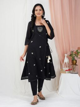 Zuri - Black Hand Embroidered Cotton Angrakha kurta Paired With Matching Pant