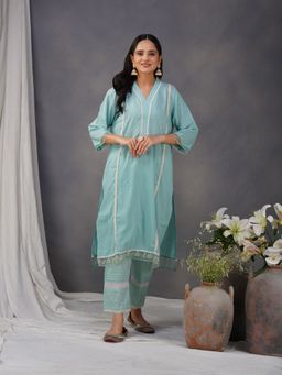 Zuri - Firozi Embroidered Cotton Dobby Kurta Paired With Matching Pant