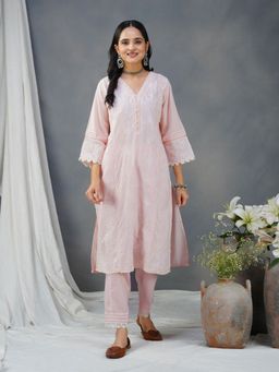 Zuri - Pink Embroidered Cotton kurta Paired With Matching Pant