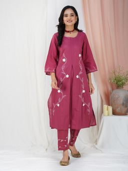 Zuri - Maroon 3D Patch Work Embroidered Cotton Kurta with Embroidered Pant - Set of 2