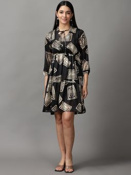 SHOWOFF - Womens Keyhole Neck Above Knee Black Printed Dress
