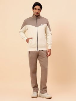 Cantabil - Beige Fleece Turtle Neck Colorblock Regular Fit Tracksuit