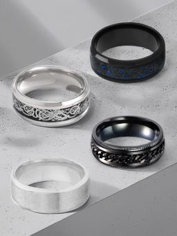 Yellow Chimes - Mens Stainless Steel Silver Black Rings (Pack of 4)