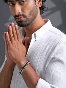 Yellow Chimes - Mens Rhodium Plated Black Beads Bracelet