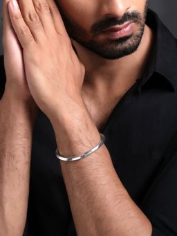 Yellow Chimes - Mens Silver Stainless Steel Twisted Open Kada Bracelet