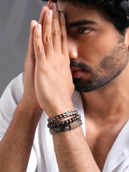 Yellow Chimes - Mens Brown Leather Beads Bracelets (Pack of 3)