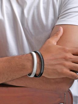 Yellow Chimes - Mens Black and Silver Stretchable Bracelets (Pack of 2)