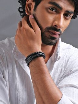 Yellow Chimes - Mens Magnetic Clasp Beads Leather Wrap Bracelet