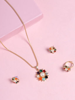 Estele - Gold Plated Floral Multi Color Designer Necklace Set for Women