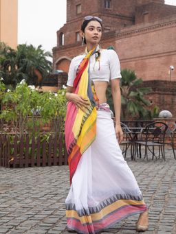 Beatitude - White Cotton Saree With Unstitched Blouse