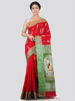 PinkLoom - Womens Cotton Blend Saree with Unstitched Blouse-Red